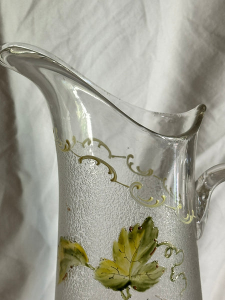 Large Beer Pitcher. Victorian Glass. Hops and Leaves "Drink Hearty" Circa 1890