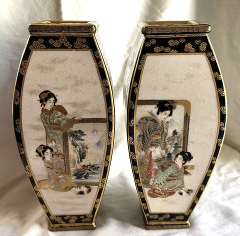 Pair of Japanese Satsuma Vases. Tigers, Geisha. Toyama 19th Century. 10" Height