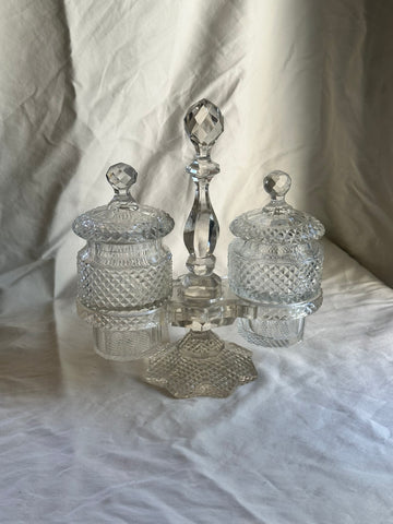 Double Condiment Cruet Set. Cut Glass. Unsigned. 9 3/4" Height