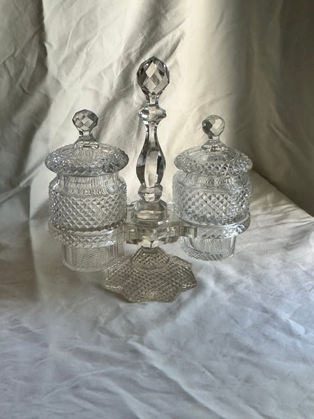 Double Condiment Cruet Set. Cut Glass. Unsigned. 9 3/4" Height