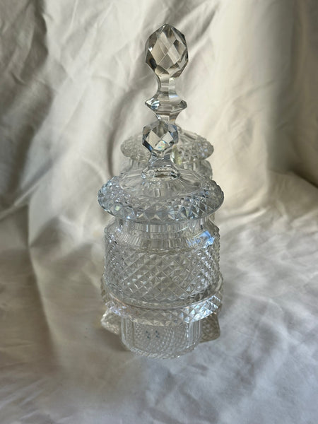 Double Condiment Cruet Set. Cut Glass. Unsigned. 9 3/4" Height