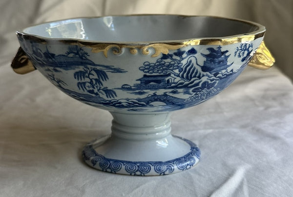 Sauce Boat. Ironstone China Blue and White. Boar Head Handles. English 19th C