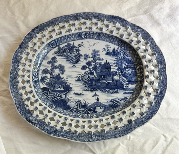 Reticulated Bowl and Underplate. English Blue and White Basket. 18th Century