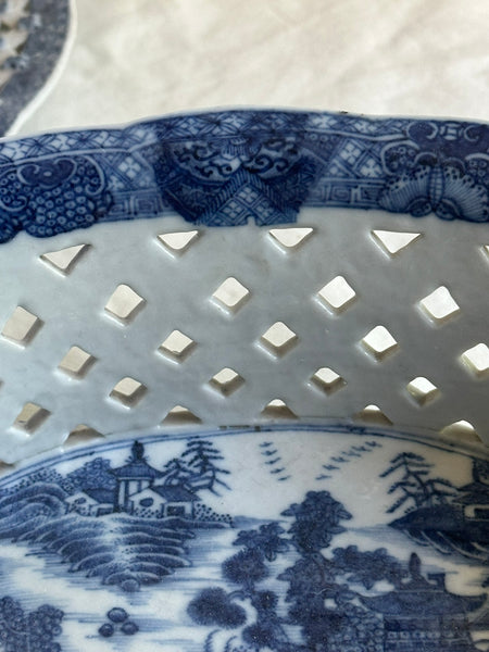 Reticulated Bowl and Underplate. English Blue and White Basket. 18th Century