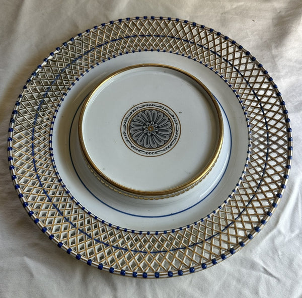 Vienna Porcelain Reticulated Bowl on Stand. White, Blue, Gold. 18th C. 10 1/2" D