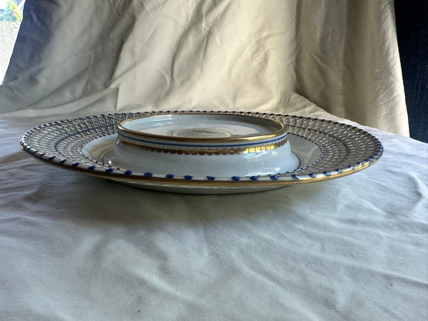 Vienna Porcelain Reticulated Bowl on Stand. White, Blue, Gold. 18th C. 10 1/2" D