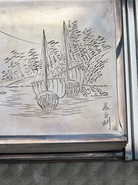 Japanese Silver over Wood Box on Tray. Engraved Lid. Art Deco Design. Signed.