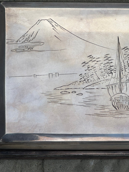 Japanese Silver over Wood Box on Tray. Engraved Lid. Art Deco Design. Signed.