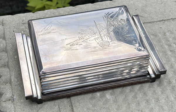 Japanese Silver over Wood Box on Tray. Engraved Lid. Art Deco Design. Signed.