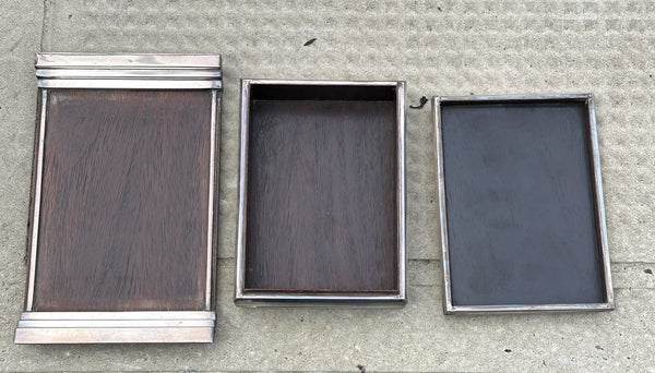 Japanese Silver over Wood Box on Tray. Engraved Lid. Art Deco Design. Signed.