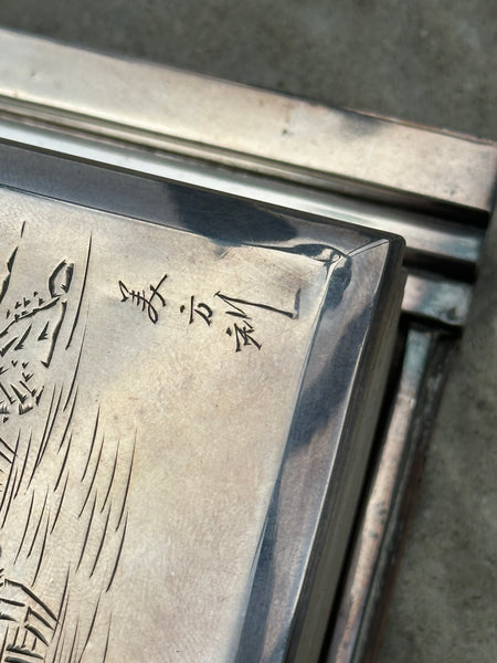 Japanese Silver over Wood Box on Tray. Engraved Lid. Art Deco Design. Signed.