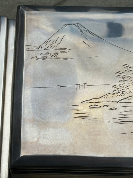 Japanese Silver over Wood Box on Tray. Engraved Lid. Art Deco Design. Signed.