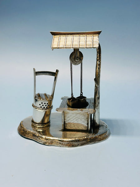 Japanese 950 Silver Salt and Pepper. Wishing Well with Buckets. 4" H