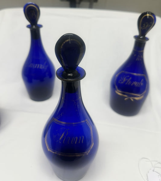Four Bristol Blue Liquor Bottles. Cobalt with Gold. 18th Century