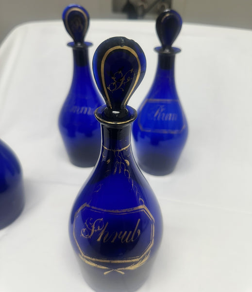Four Bristol Blue Liquor Bottles. Cobalt with Gold. 18th Century
