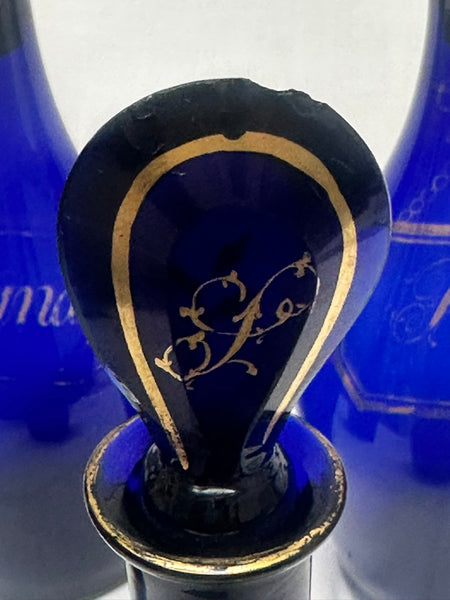Four Bristol Blue Liquor Bottles. Cobalt with Gold. 18th Century