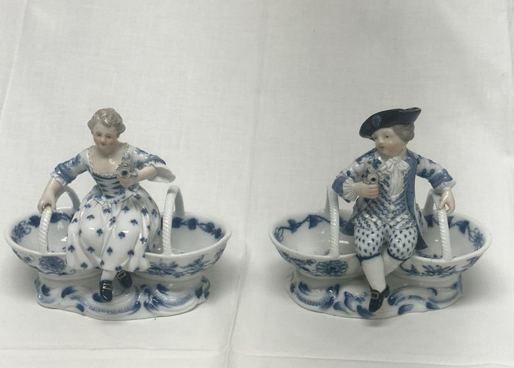 Pair Double Salts. Meissen Porcelain Blue and White. Girl and Boy Figures. 3024