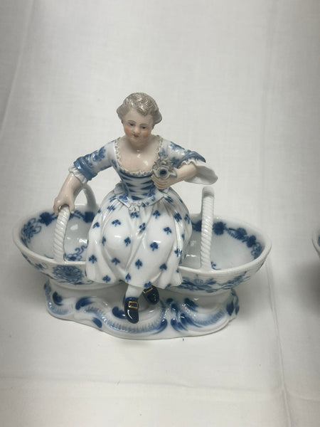 Pair Double Salts. Meissen Porcelain Blue and White. Girl and Boy Figures. 3024