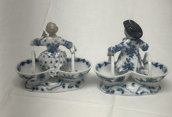 Pair Double Salts. Meissen Porcelain Blue and White. Girl and Boy Figures. 3024