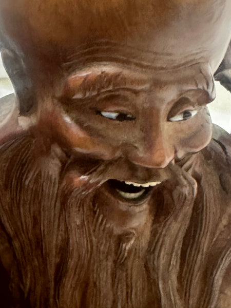 Chinese Carved Wood Immortal with Crane and Boy. Qing. 16 1/2" height