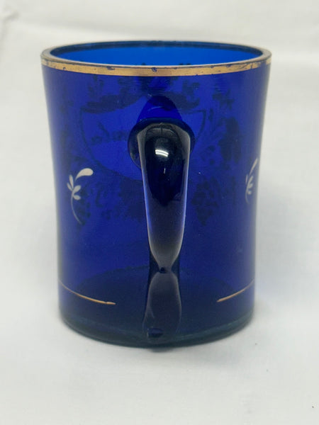 Remember Me Mug. Cobalt Blue Glass with Enamel Flowers and Leaves.