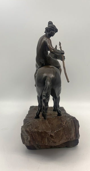 Bronze Figural of a Huntress on Horseback. Stone Base. Unsigned. 11" Height