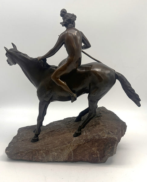 Bronze Figural of a Huntress on Horseback. Stone Base. Unsigned. 11" Height