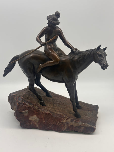 Bronze Figural of a Huntress on Horseback. Stone Base. Unsigned. 11" Height