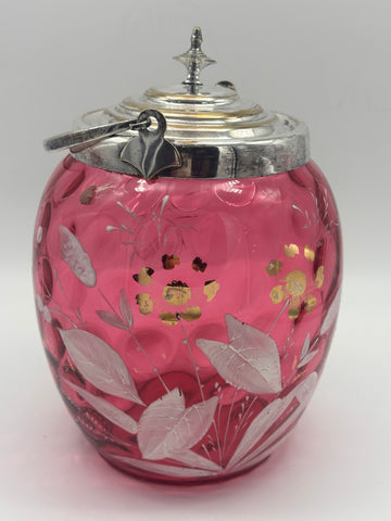 Biscuit Jar. Cranberry Glass Enamel and Gilded Flowers. Circa 1880