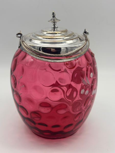 Biscuit Jar. Cranberry Glass Enamel and Gilded Flowers. Circa 1880
