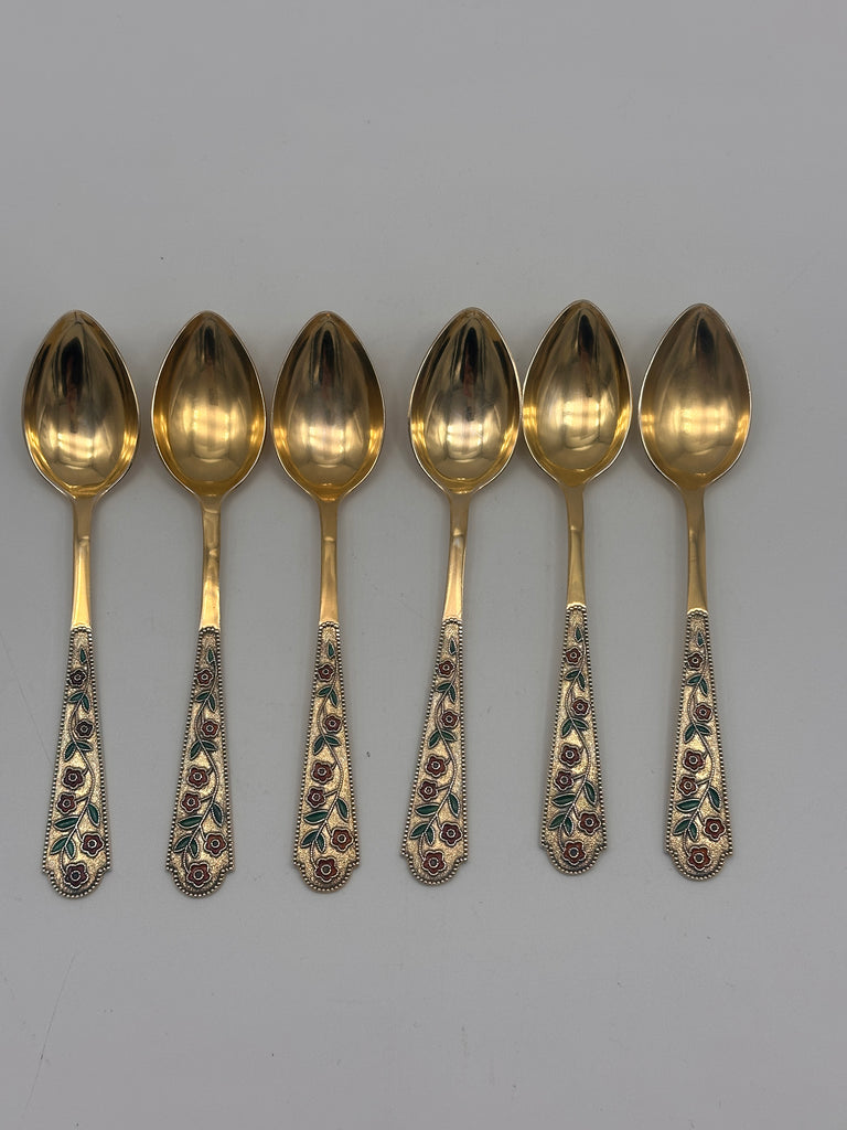 Set of Six Russian 875 Silver and Enamel Coffee Spoons Gold Wash. 5 3/4" 140 g