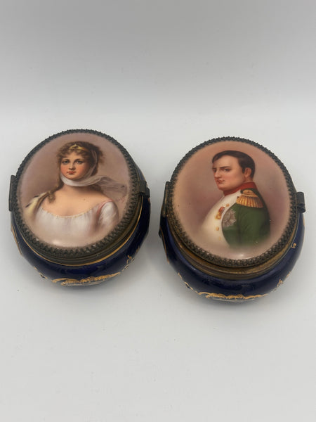 Pair Porcelain Box. Napoleon and Marie Louise Bonaparte Portraits. 4"