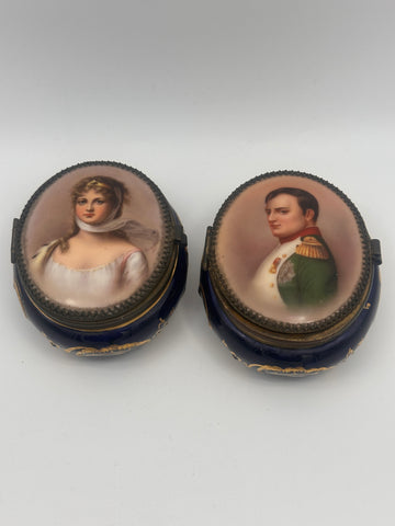 Pair Porcelain Box. Napoleon and Marie Louise Bonaparte Portraits. 4"