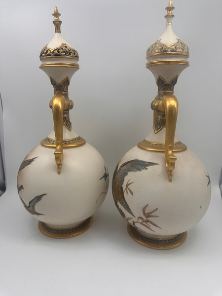 Pair Lidded Urns Bottles Vases. Royal Worcester Porcelain. 19th C. Owl Motif.