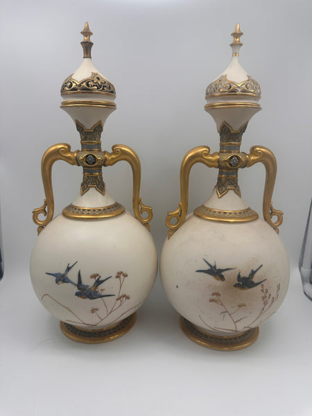 Pair Lidded Urns Bottles Vases. Royal Worcester Porcelain. 19th C. Owl Motif.
