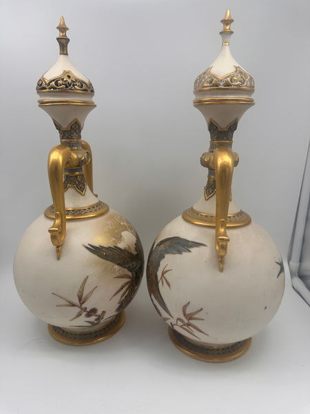Pair Lidded Urns Bottles Vases. Royal Worcester Porcelain. 19th C. Owl Motif.