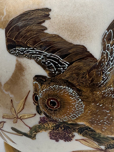 Pair Lidded Urns Bottles Vases. Royal Worcester Porcelain. 19th C. Owl Motif.