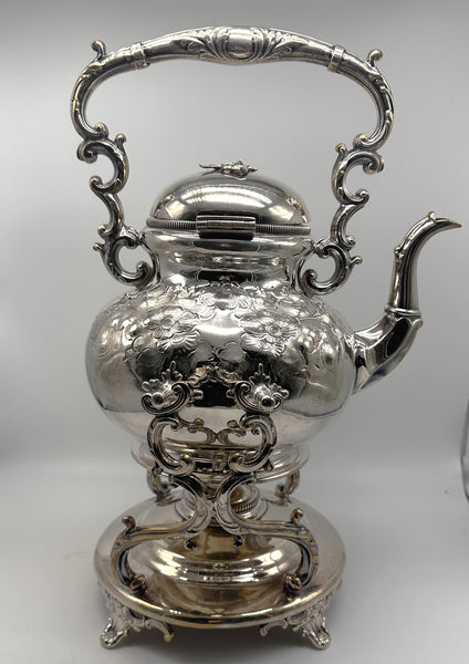 Victorian Silverplate Kettle on Stand. Ornate Floral.