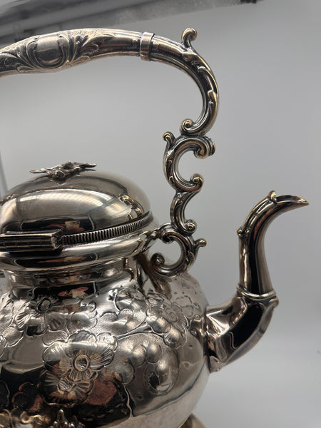 Victorian Silverplate Kettle on Stand. Ornate Floral.