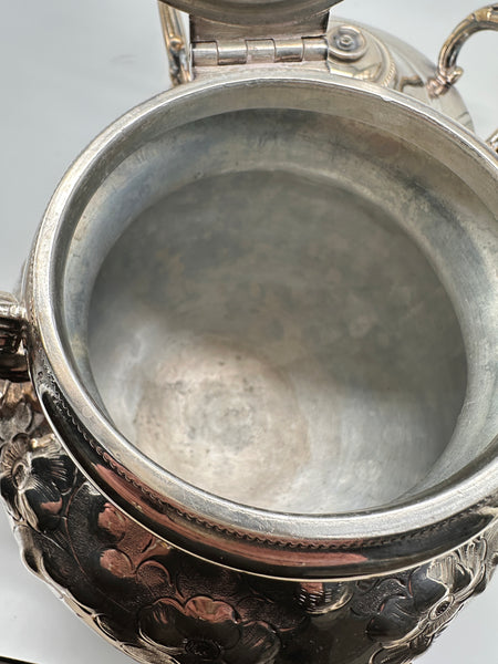Victorian Silverplate Kettle on Stand. Ornate Floral.