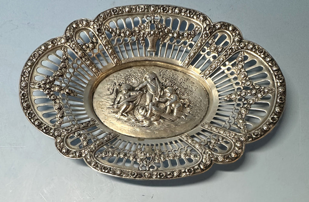 Bon Bon or Nut Bowl. German 830 Silver. Pierced Border. Cherubs with Birds Nest.