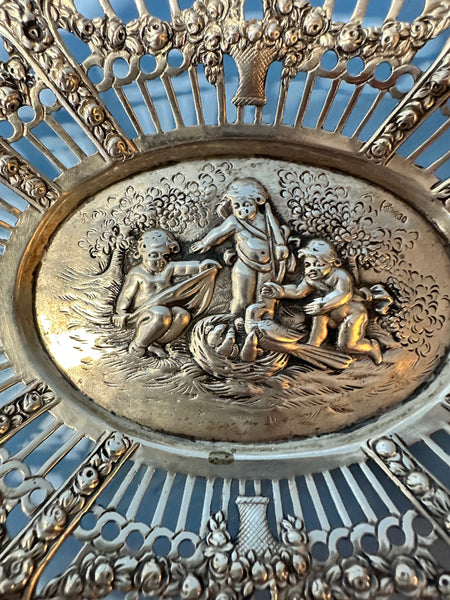Bon Bon or Nut Bowl. German 830 Silver. Pierced Border. Cherubs with Birds Nest.