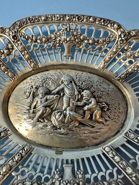 Bon Bon or Nut Bowl. German 830 Silver. Pierced Border. Cherubs with Birds Nest.