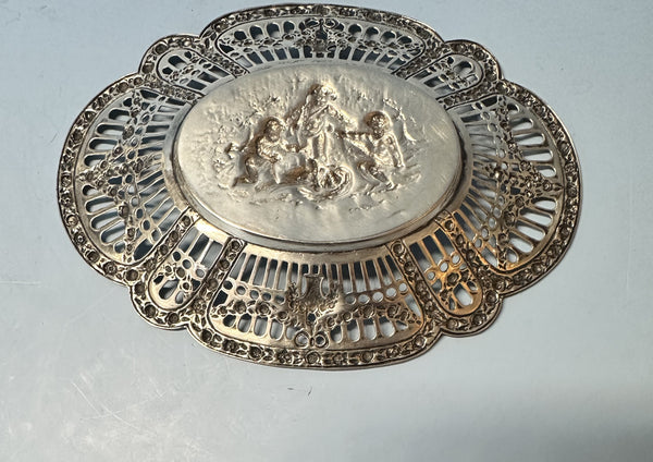 Bon Bon or Nut Bowl. German 830 Silver. Pierced Border. Cherubs with Birds Nest.