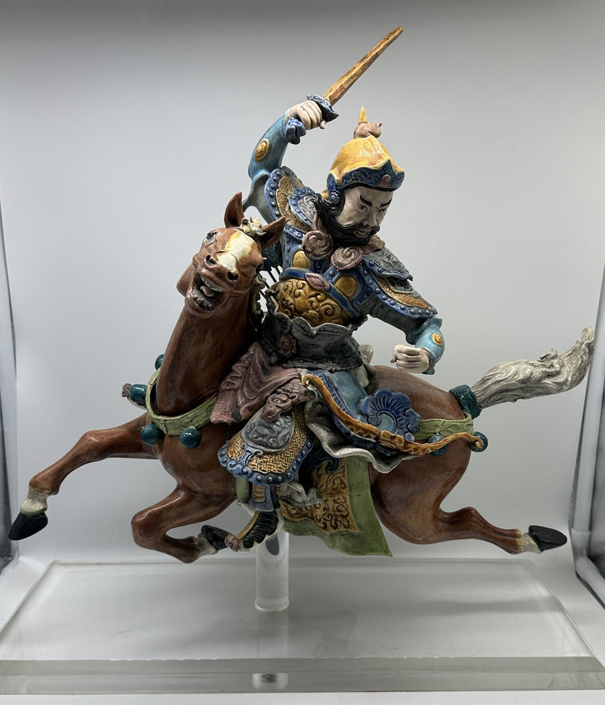 Chinese Qing Dynasty Ceramic Roof Tile. Warrior on Horseback. Mounted on Lucite