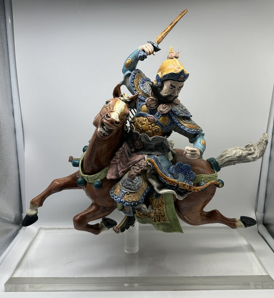 Chinese Qing Dynasty Ceramic Roof Tile. Warrior on Horseback. Mounted on Lucite