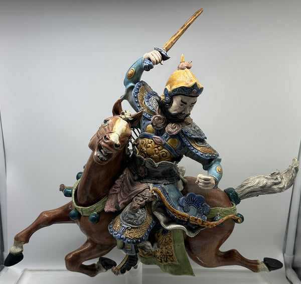 Chinese Qing Dynasty Ceramic Roof Tile. Warrior on Horseback. Mounted on Lucite