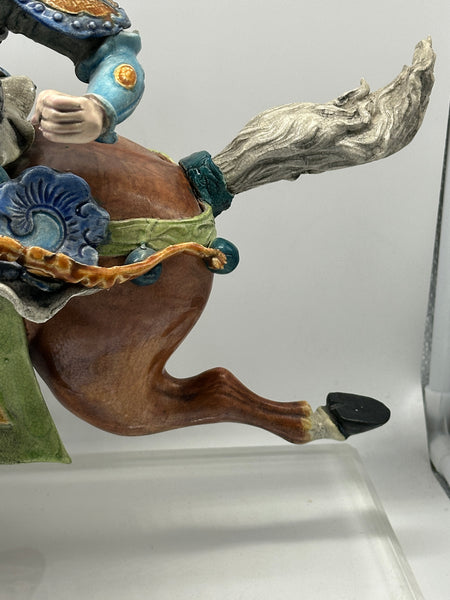 Chinese Qing Dynasty Ceramic Roof Tile. Warrior on Horseback. Mounted on Lucite
