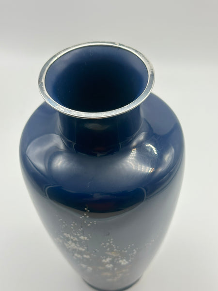 Japanese Cloisonne Vase. Hayashi Kodenji (1831-1915) Dark Blue, Flowers, Birds
