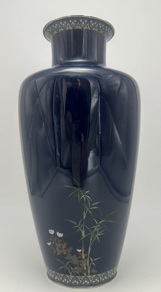 Japanese Cloisonne Vase. Hayashi Kodenji (1831-1915) Dark Blue, Flowers, Birds